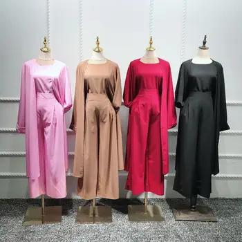 3 delt Sæt Muslimske Vest Top og Cardigan Bred Ben Bukser Kvinder Dubai Lace-up Bluse Abaya Kaftan Islam Casual Islamisk Tøj