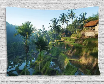 Balinesisk Stil Med Terrasse Rismarker, Palmer Traditionel Gård Morgen Solopgang Udsigt Bali Indonesien Væggen Hænger Tapetet