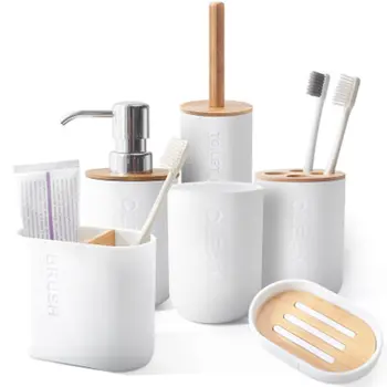 Bambus træ tandbørsteholder, gurgle cup, soap box, soap box, toilet børste, sæbedispenser, husholdnings-hotel badeværelse toilet-sæt