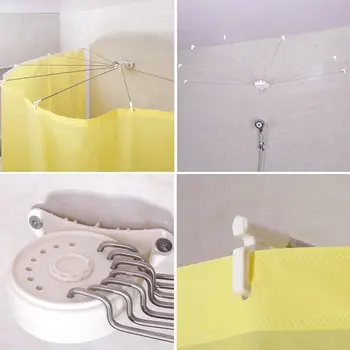 BAOYOUNI Sammenklappelig vægmonteret Bruser gardinstang Metal Space Saver Fan-formet Badeværelse Gardin Indehaveren Skinne med Kroge DQ1609