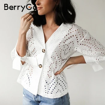 BerryGo Casual-solid hvid kvinder udskæring bluse Elegant Lanterne ærmer v-hals kvindelige shirt Broderet ladies short arbejde bluse