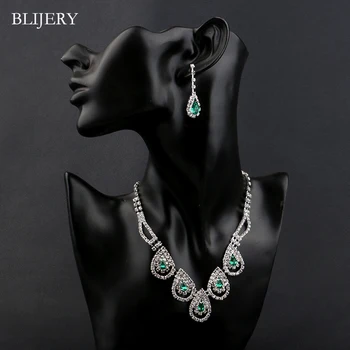 BLIJERY Grøn Krystal Afrikanske Smykker Sæt Rhinestone Dråber Halskæde Øreringe Sæt til Kvinder Bryllup Brude Prom Smykker Sæt