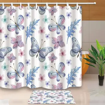 Butterfly badeforhæng Lavendel Akvarel Maleri Badekar Skærme Kreative Design, Vandtæt og Meldug Bevis Med 12 Kroge