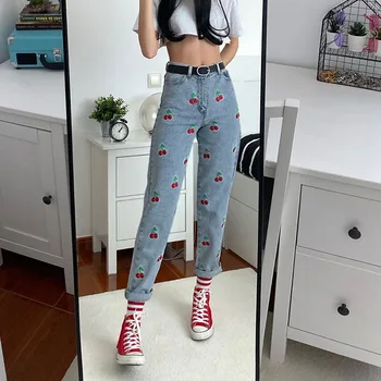 Cherry Broderi haremsbukser Til Kvinder er Teenager Piger 2020 Mode Sød, Høj Talje Løs Denim Bukser, Bukser, Jeans Streetwear