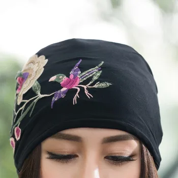 Cheshanf Billige-tøj-kina Kvinder Efterår og Vinter Mexicanske sSyle Vintage Hippie Sort Blå Blomster Broderi Hat Skullies Huer