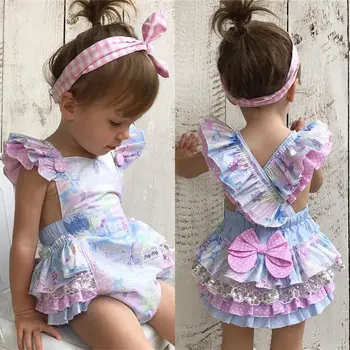 Emmbaby Dejlige Spædbarn Baby Girl Blomster Pjusket Ærmer Romper Buksedragt Lace Kids Tøj Tøj Tøj Sunsuit