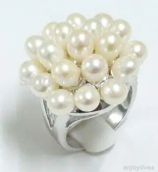 Engros >>Ægte Hvid Perle Klynge Blomster Ring Størrelse: 7.8.9