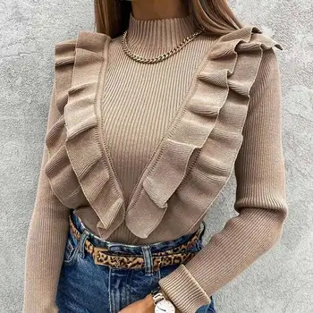 Flæser Lange Ærmer Kvinder Sweater Slank Solid Og Lady Strikket Top 2021 Forår Mode Casual Streetwear Dame Trøjer