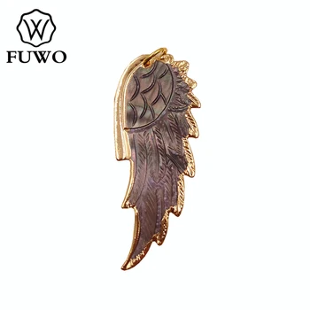 FUWO Skåret Feather Shell Vedhæng Med 24K Guld Galvaniseret Kant Mode englevinger abaloneskal Smykker Engros PD510