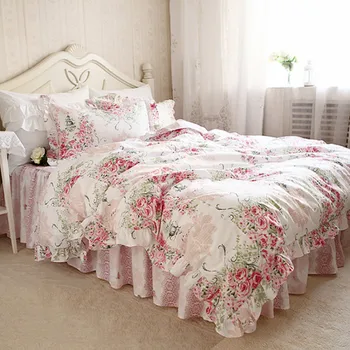 Haven prinsesse sengetøj sæt elegant blomster print sengetøj flæsekanter dynebetræk kvalitet bed nederdel blonder dekorativt sengetøj lagen