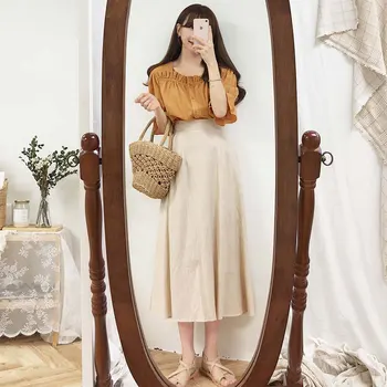 Høj Talje Nederdele Vintage Kvinder Preppy Stil Sød Pige, Korea, Japan Tøj Khaki Gul Bue Bindebånd Nederdel Lang 7512