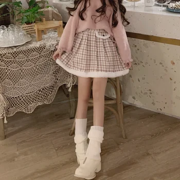Japansk Kawaii Søde Nederdel Efterår og Vinter Harajuku Fortykket Uldne Plaid Nederdel med Høj Talje Girl-Mini-A-line-Skirt til Kvinder