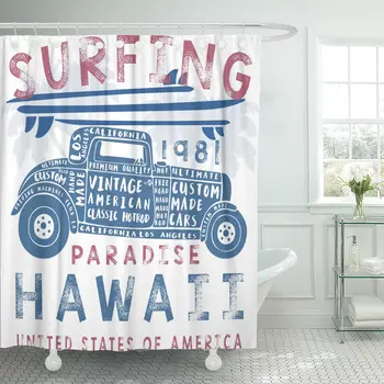 Klassisk Vintage Surf Bil America Strand Cool Grafik Hawaii badeforhæng Polyester Stof 72 x 78 cm Sæt med Kroge