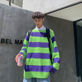 Koreansk Stil Rippet Sweater Mænd Mode Retro Casual Stribet Strikket Pullover Mænd Vilde Løs Strik Trøjer Herre Tøj