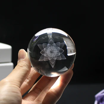 Krystal 3D-Udskæring Lotus Blomst Bold Glas Ornament, Kugle, Healing, Meditation Fengshui Global Home Decor Tilbehør Gaver