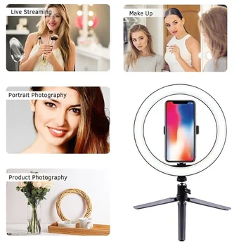 LED Selfie Ring Lys med Stativ, USB-Selfie Lys Ring Lampe Store Fotografering Ringlight med Stander til Mobiltelefon Studio