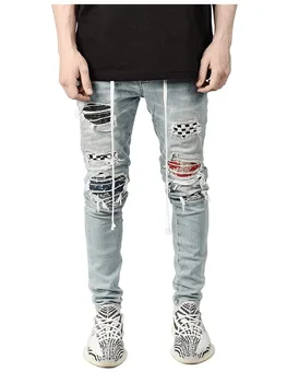 Mænds Midten af Slim Jeans Blyant Bukser, Skinnende Ruched Sort Denim Bukser Hip Hop Sportstøj Elastisk snor Joggere Bukser