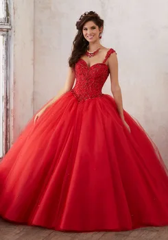 Nye Ankomst Red Quinceanera Kjole 2020 Spaghetti Beaded Tyl Sweet 16 Dresses Maskerade Ball Gown Dress For 15 År