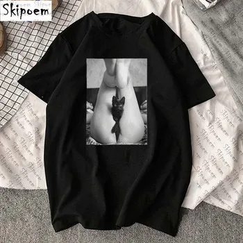 Nye Bomulds-Tshirt Sexet Kvinde Med Sort Kat Udskrive Kort Ærme Toppe & T-Shirts Mode Afslappet T-Shirt Unisex Mærke Tøj