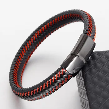 Rød Ægte Læder Armbånd til Mænd, Smykker Rustfrit Stål Infinity Armbånd med Magnetisk Lås Fletning Trendy Kæde Til mænd