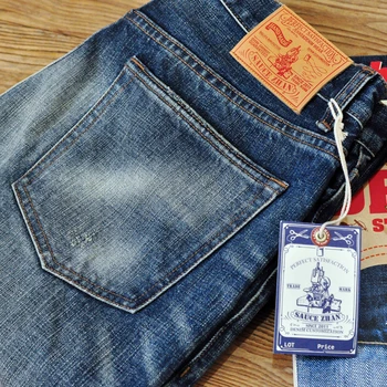 Saucezhan Nødlidende jeans mænd jeans Vaskes sømline denim taper Brand fit jeans mænd Lynlås 14 oz vintage jeans til mænd
