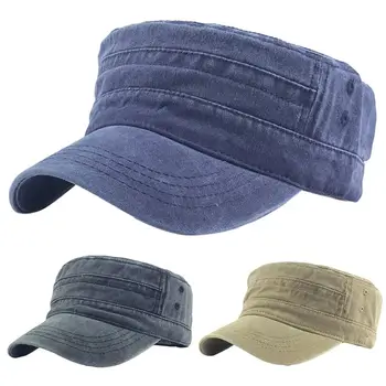 Unisex Vintage-Vasket Bomuld Cadet Cap Ensfarvet Solcreme Flad Top Toppede Hat