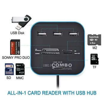USB 2.0 Kort Læser, 3 Port USB-Hub Combo Høj Hastighed Ekstern Hukommelse MS M2 SD MMC-TF Hukommelseskort Alle I En Adapter Support PC