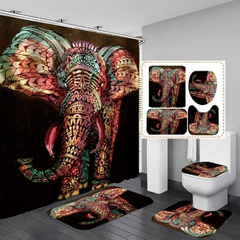 Water Color Elephant Shower Curtain Polyester 4 Piece Bathroom Set Carpet Cover Toilet Cover Bath Mat Pad For Home Decor
