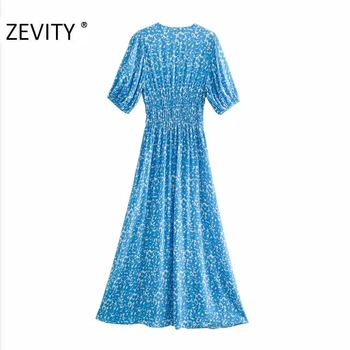 Zevity NYE elegante kvinder v hals blomster print elastisk talje midi kjole lady puff ærmer spænder vestido smarte party kjoler DS4223