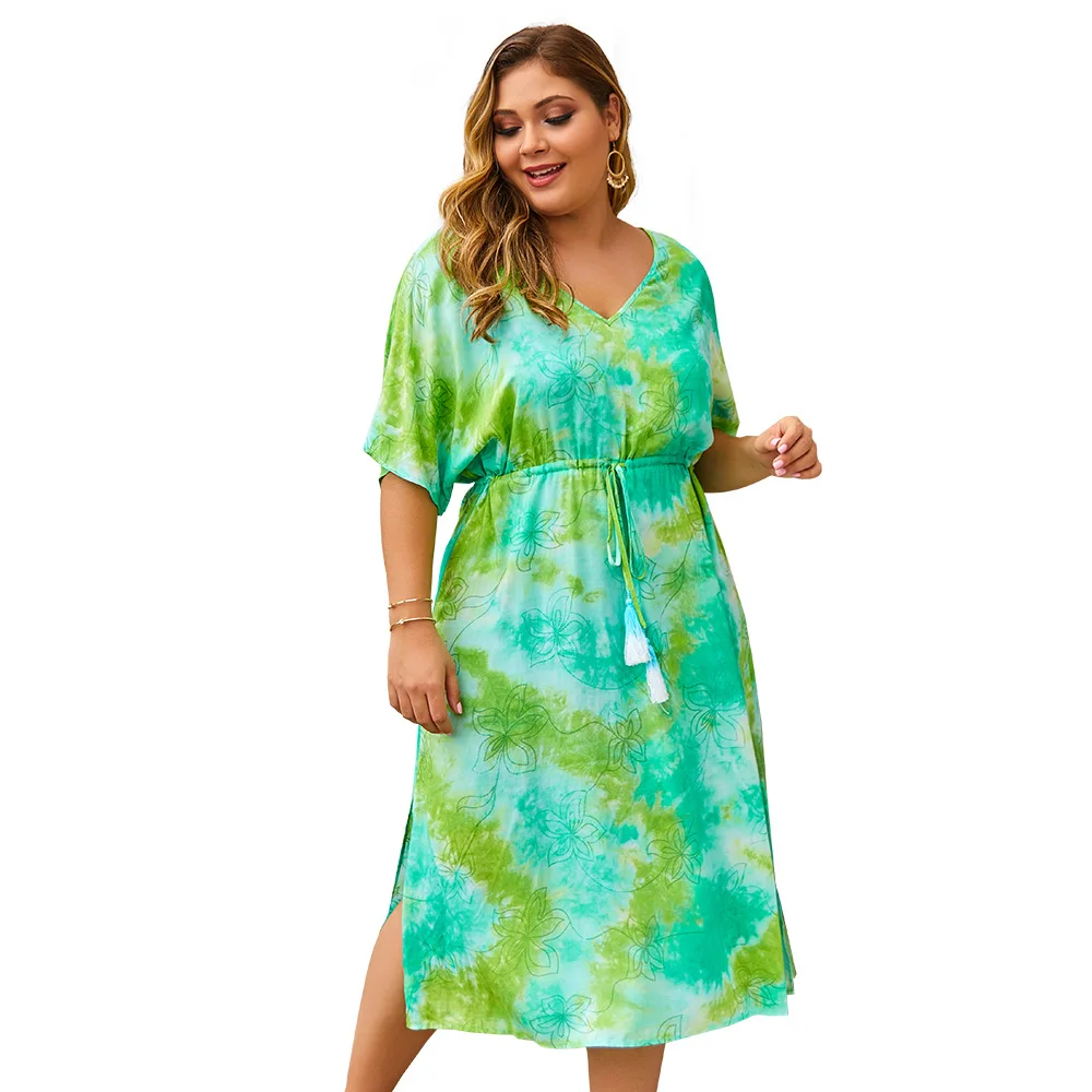 Nye damer sommer plus size lang kjole til kvinder i store løse casual V-hals og print kjoler bælte blå grøn 4XL 5XL 6XL 7XL for / Tøj Kvinder \ www.45870326.dk